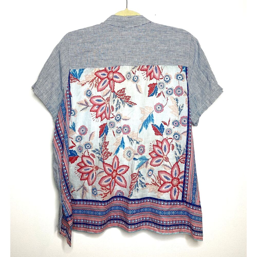 J Jill Linen Blue White Striped Short Cap Sleeve Button Down Floral Back Top LP - Picture 3 of 12